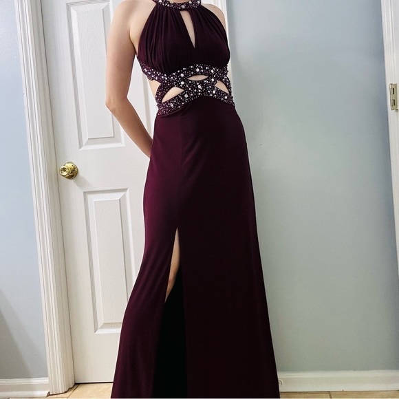 Y2K Formal Dress Long Halter Cut Out Maroon Gemstone Extra Small - Picture 2 of 10